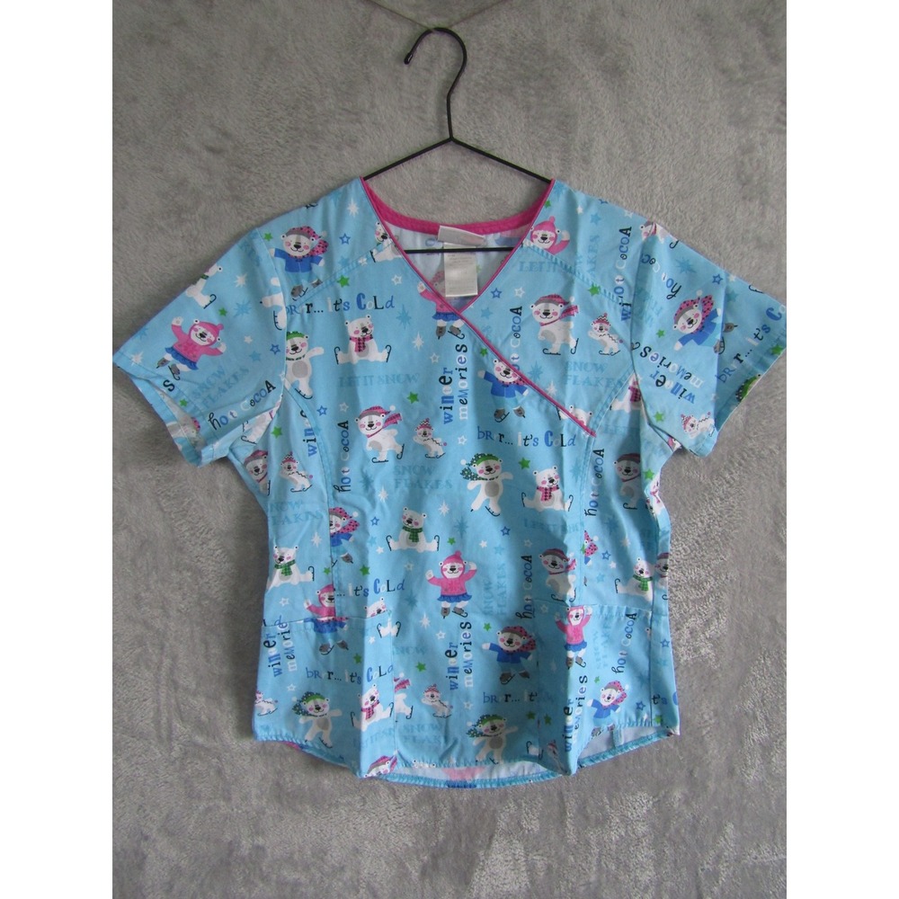 Scrubstar Womens Small Blue Polar Bear Winter Print Scrub Top‎ V-Neck